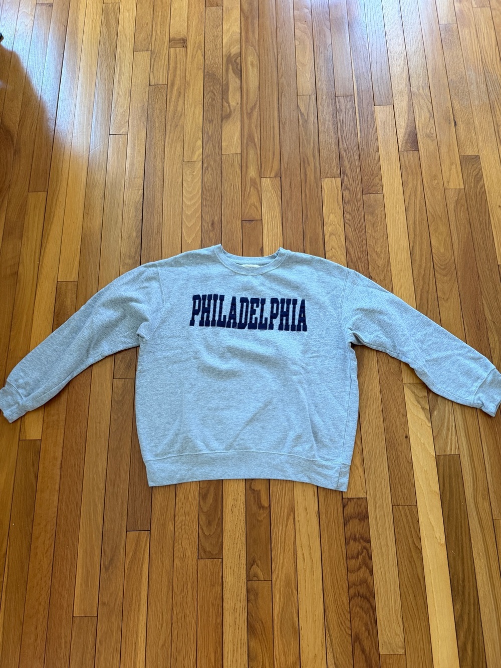Light Gray Crewneck Sweater with Navy 'PHILADELPHIA' Chest Lettering